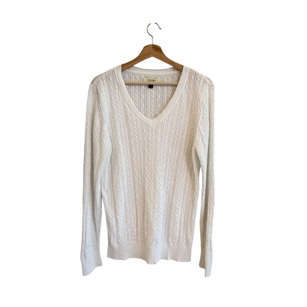 Sonoma Womens White V Neck Cable Knit Sweater Tennis Preppy Varsity Size XL